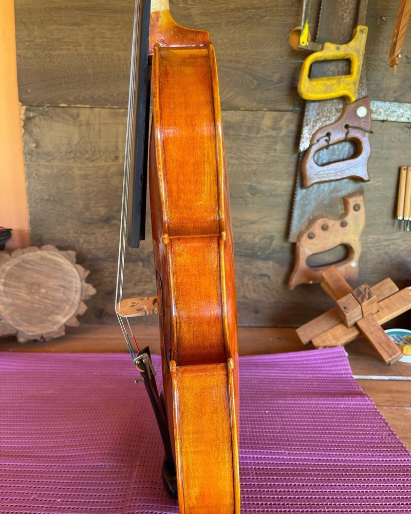 Viola vista em três quartos sobre a bancada.