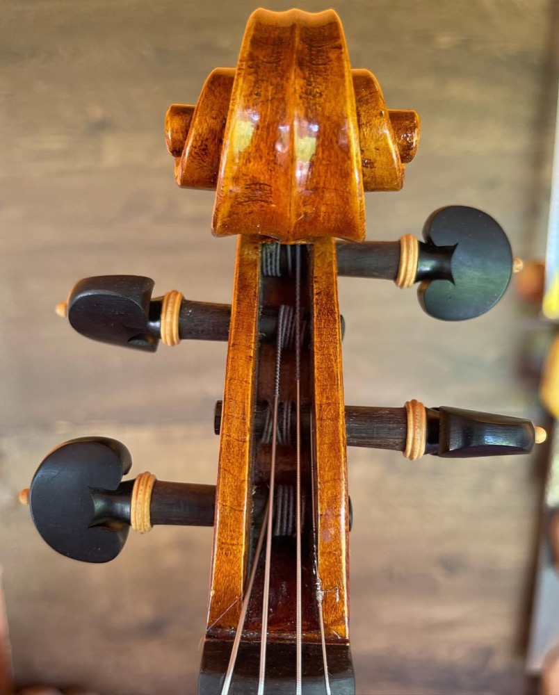 Região central da viola com cavalete e cordas.