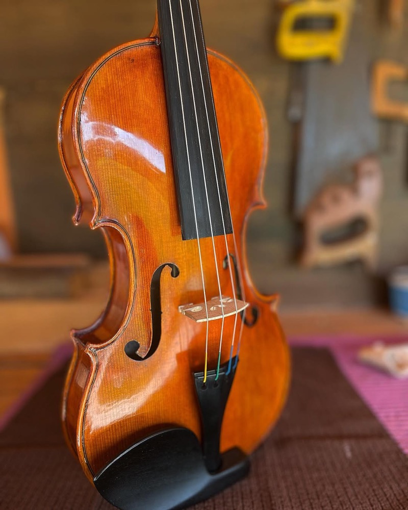 Violino com acabamento brilhante visto de frente.