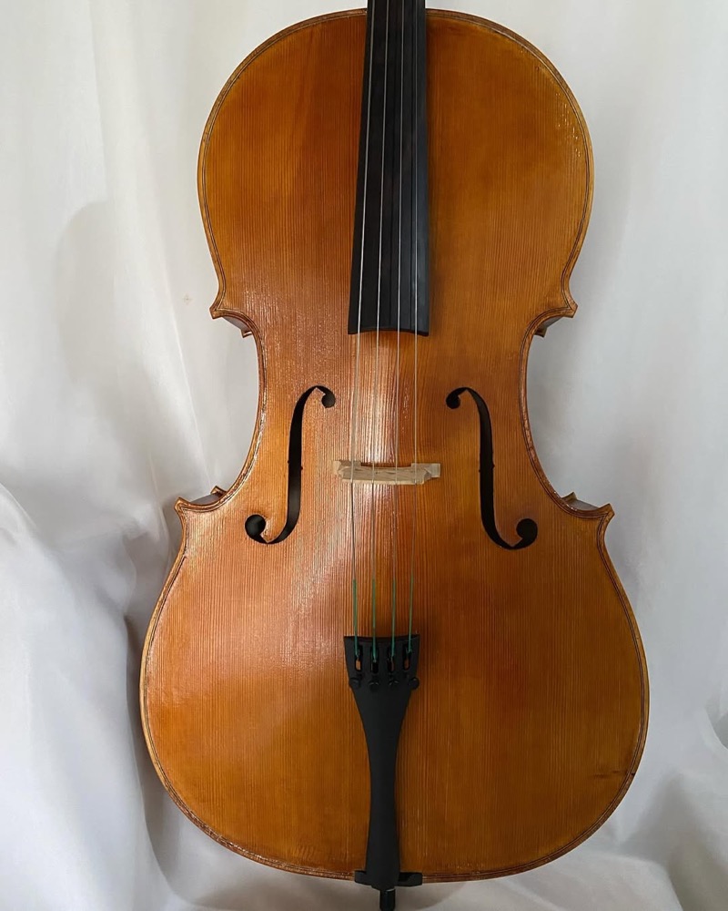 Violoncelo visto em ângulo oblíquo.