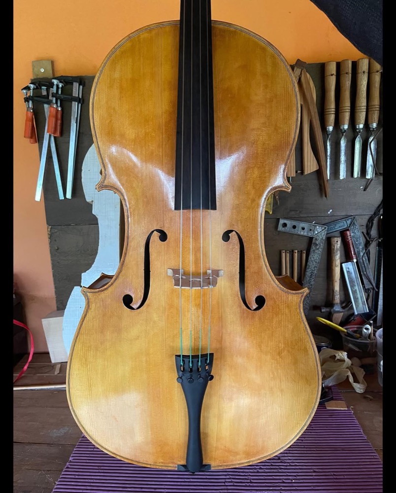 Violoncelo modelo Davidoff em destaque, acabamento brilhante, visto de frente na oficina.