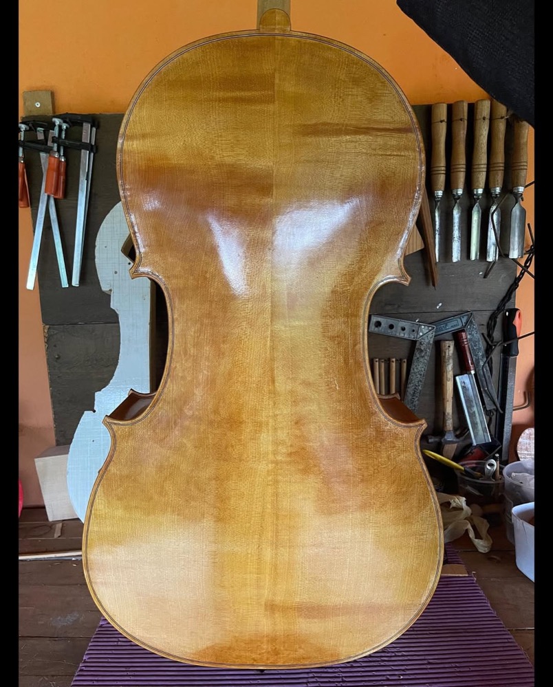 Tampo do violoncelo com furos em f e verniz refletindo a luz.